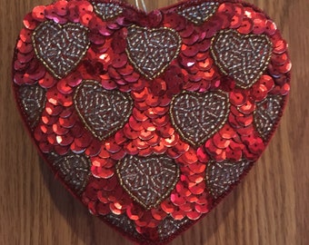 Sequined Heart Shaped Red Sequined Beaded Jewel Trinket Gift Box Silky Material