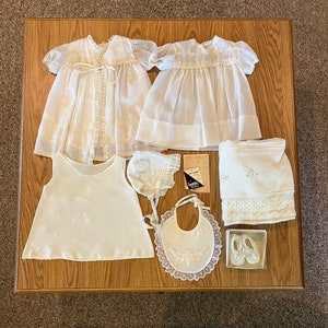 Vintage Infant Christening Gown Set 1960s Gown Petticoat bib shoes bonnet blanket coat