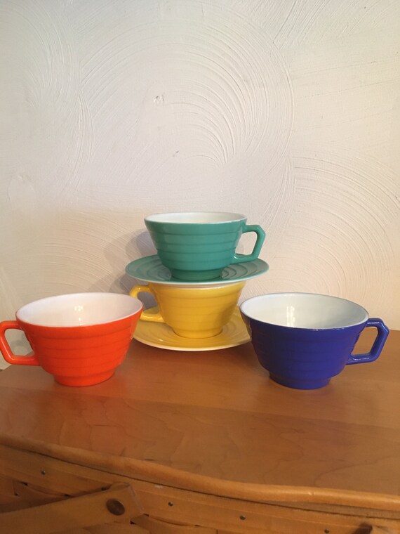 Vintage Coffee Cups and Saucers Faux Fiestaware Blue Green Etsy