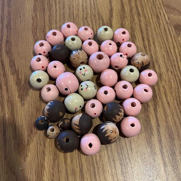 Vintage Wooden Doll Head Beads Crafting Lot of 41