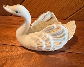 Vintage Small Swan Trinket Ring Jewelry Dish White with Gold Trim Unmarked