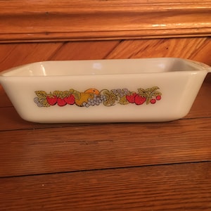 Vintage Anchor Hocking Fire King Milk Glass Loaf Pan Casserole Dish 1970s Fruit Harvest #441