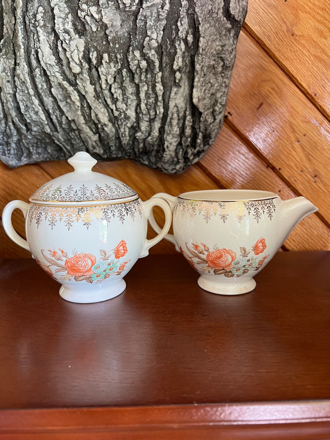 Vintage Salem China Creamer Sugar Bowl Set 20 KT Gold Pattern Floral