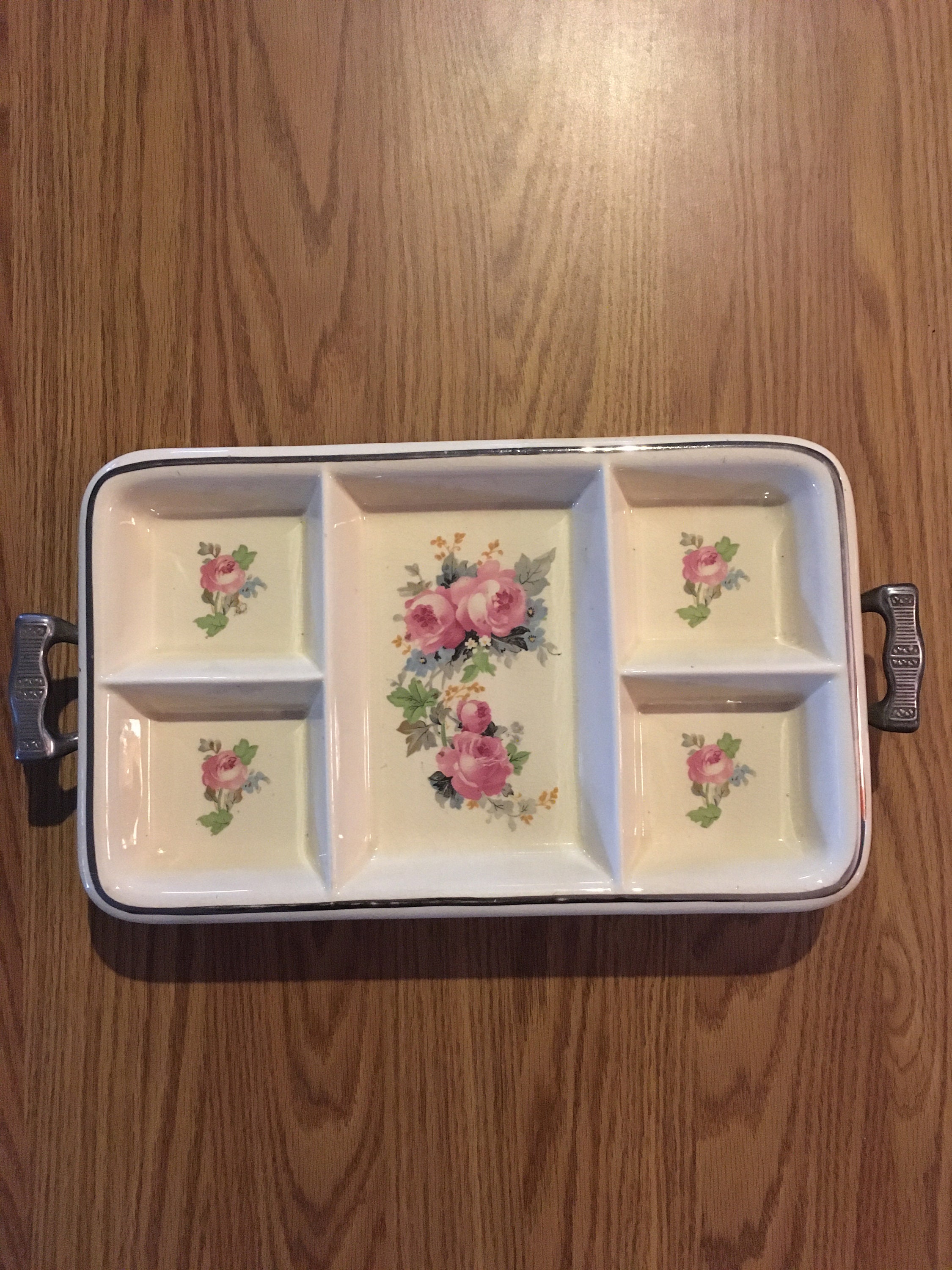 Vintage Porcelain Floral 5 Part Divided Serving Dish with Metal Silver