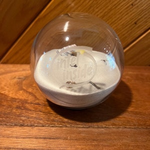 May include: A clear glass globe filled with white sand and small seashells. The globe has the words "intel inside" etched into the sand.