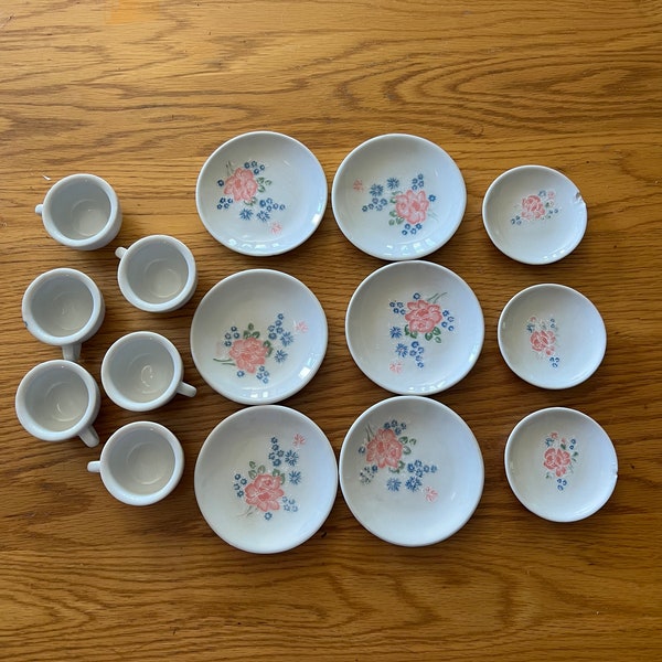 Vintage Child's Tea Set Porcelain Set 15 pieces Not a complete set PLEASE SEE PICS