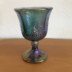 Blue Carnival Glass Pedestal Goblet Vintage, Pressed Blue Iridescent Glass Grape Pattern 6 oz. 5 1/2 in. tall