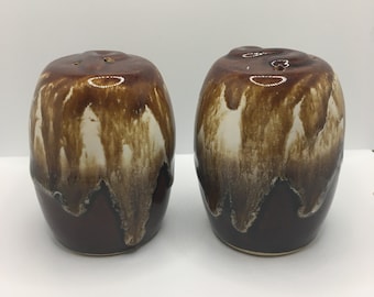 Vintage Brown Stoneware Salt and Pepper Shakers Drip Pattern Cork Stoppers Made in the USA