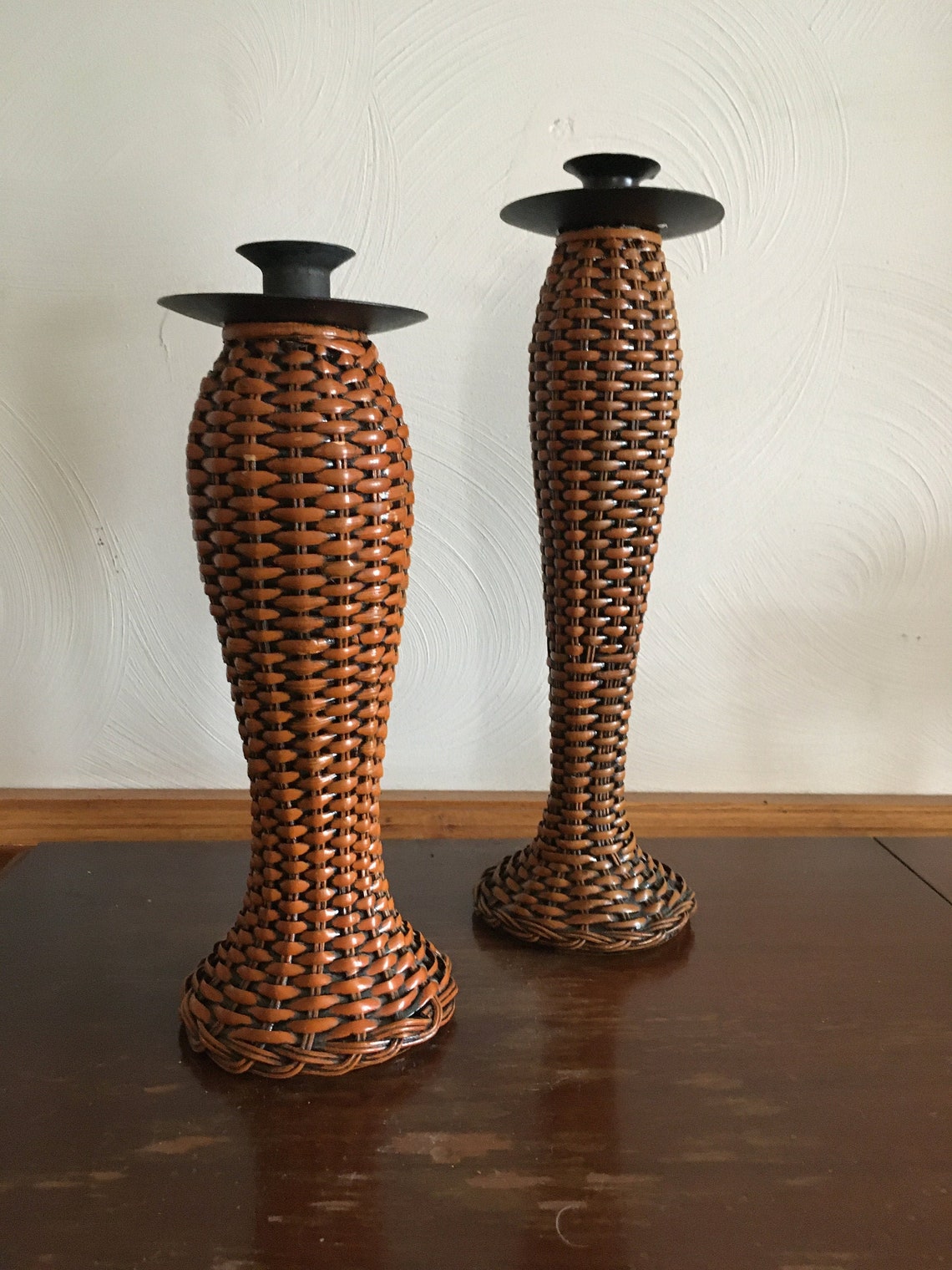 Vintage Rattan Wicker Tall Candle Holders Set of 2 Patio Etsy