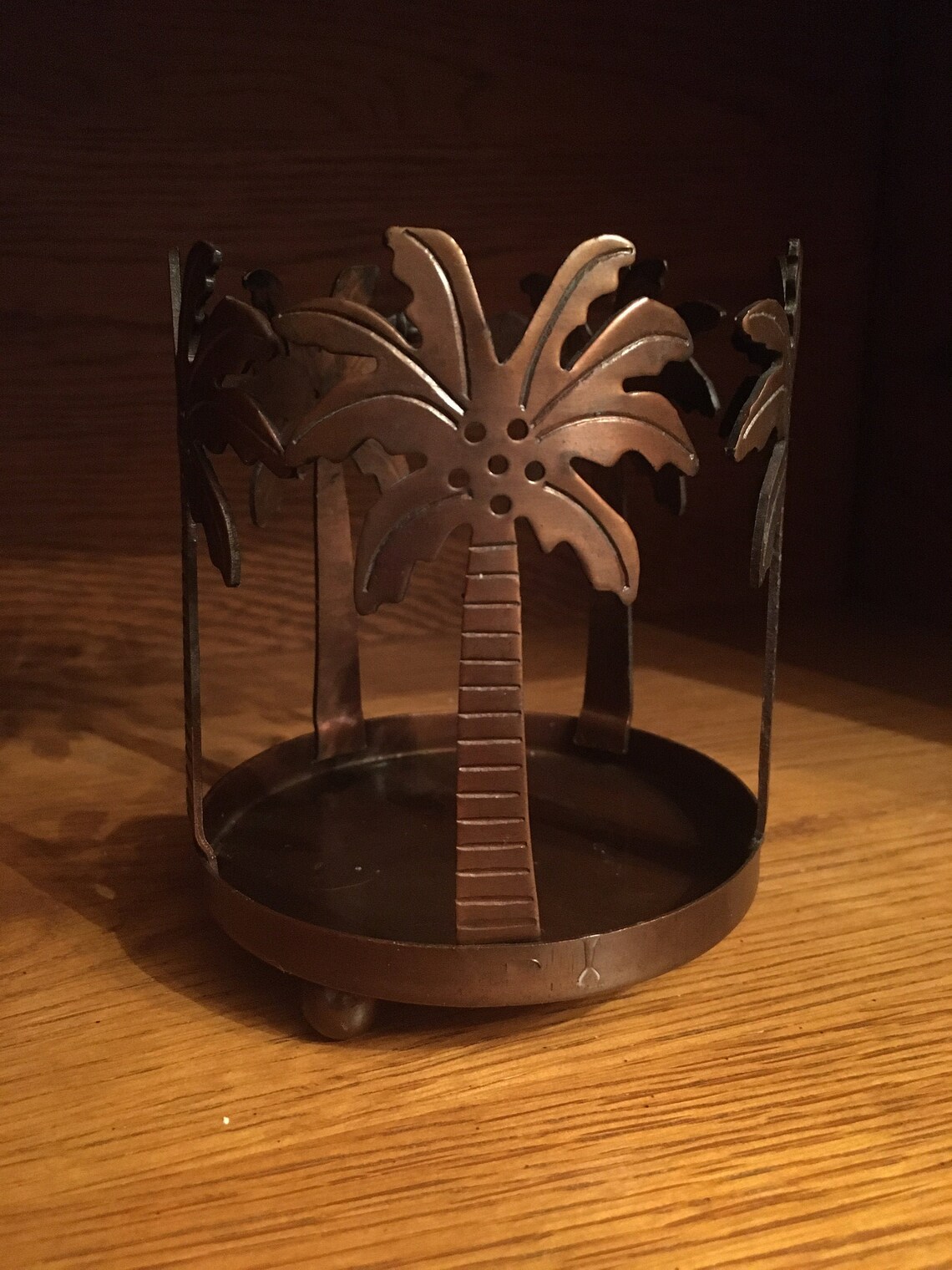 Vintage Palm Tree Pillar Candle Holder Pewter Like Metal Etsy