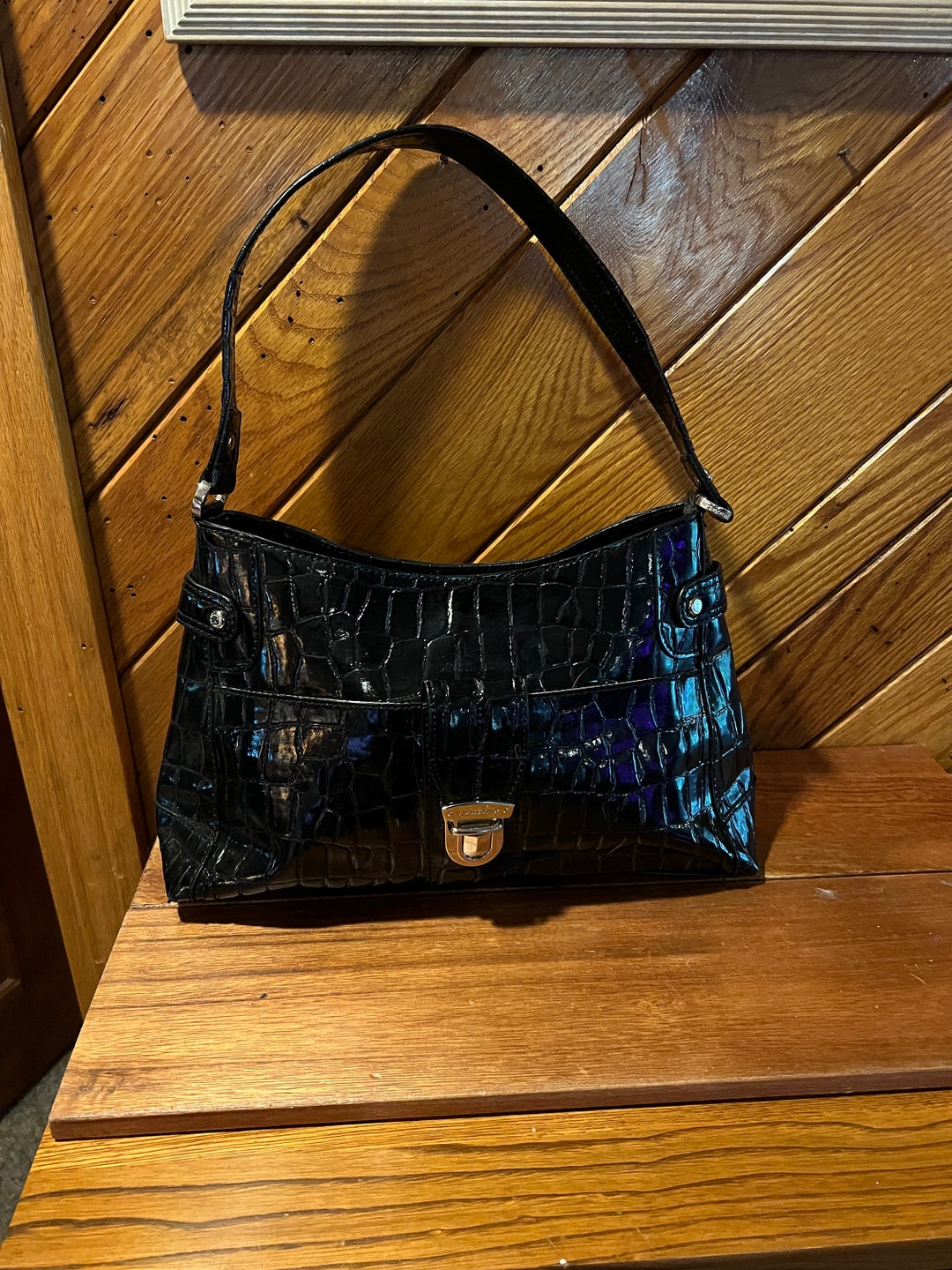 Liz Claiborne Vintage Black Croc Shoulder Bag Etsy