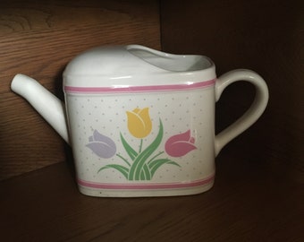 Vintage Teleflora Ceramic Watering Can Flower Pot Planter Pastel Tulips from 1985