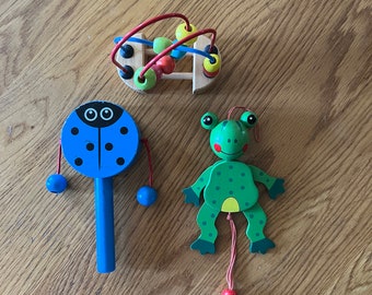 Vintage Wooden Toys Set of 3 Frog Ladybug Beaded Maze