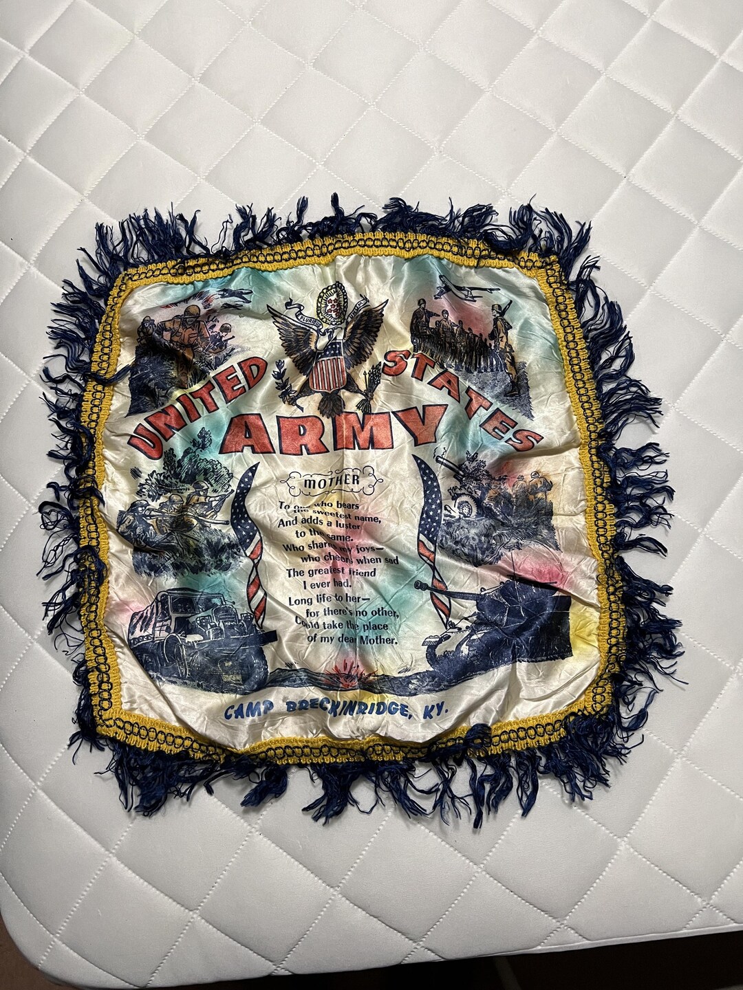Vtg WWII US Army Military Mother Souvenir Pillow Cover Camp