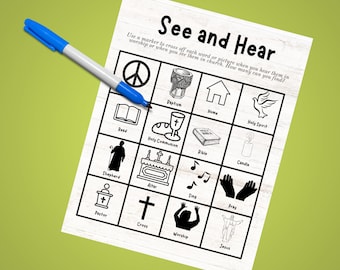 May include: A black and white printable bingo card with images and words related to church activities. The words include: read, baptism, home, holy spirit, holy communion, bible, candle, shepherd, alter, sing, pray, pastor, cross, worship, and jesus.