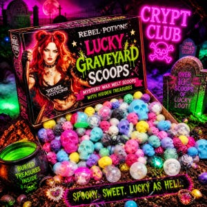 May include: A box of "Lucky Graveyard Scoops" wax melt scoops with hidden treasures. The box features a woman with red hair. The box is surrounded by colorful skull-shaped wax melts, a cauldron, and a tombstone. Text includes "Crypt Club" and "Spooky. Sweet. Lucky as Hell."