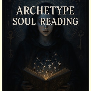 Può includere: Immagine artistica con il testo "ARCHETYPE SOUL READING" e "YOUR BIRTH HOLDS THE MAP". Una persona tiene in mano un libro aperto con costellazioni e simboli luminosi. Lo sfondo presenta un design celeste.