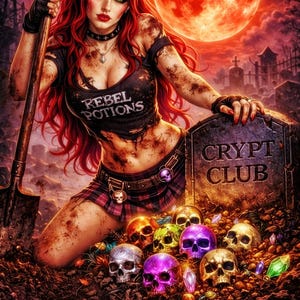 May include: Digital art of a woman with red hair and a black top that says "Rebel Potions" kneeling in a graveyard. A tombstone reads "Crypt Club" and the ground is filled with colorful skulls. The text "Unearthed From The Graveyard" is at the bottom.