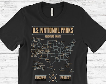 US National Parks Map T-Shirt, Hiking Camping Tee, National Park Gift TShirt, Outdoor, RV Travel Round Trip, Yellowstone Shirts, Yosemite,