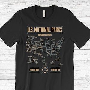 US National Parks Map T-Shirt, Wandern Camping T-Shirt, National Park Geschenk TShirt, Outdoor, RV Reise Rundreise, Gelbstein Shirts, Yosemite,