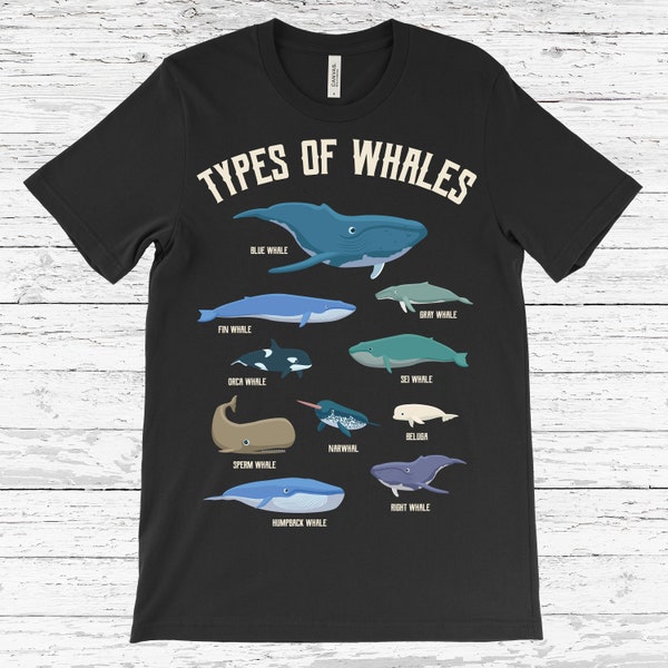 Arten von Walen T-Shirt, Süßer Ozean, SäugetierFührer, Blaue Flosse, grauer Orca, Narwhal Beluga, Buckel, Ichthyologie, Wal Geburtstagsshirts, Kinder,
