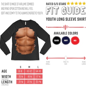 May include: Size chart for a youth long sleeve shirt. The chart shows the age range, width in inches, and length in inches for sizes S, M, and L. The shirt is available in black, navy, and red. The shirt runs small.