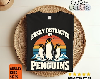 Easily Distracted by Penguins Shirt, Vintage Sunset Wildlife Tee, Funny Bird Lover Gift, Antarctic Animal Graphic, Zoo Visit Birthday Outfit