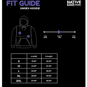 Puede incluir: Tabla de tallas para una sudadera unisex con medidas en pulgadas. La tabla muestra el ancho y la longitud de la sudadera en las tallas S, M, L, XL y 2XL.