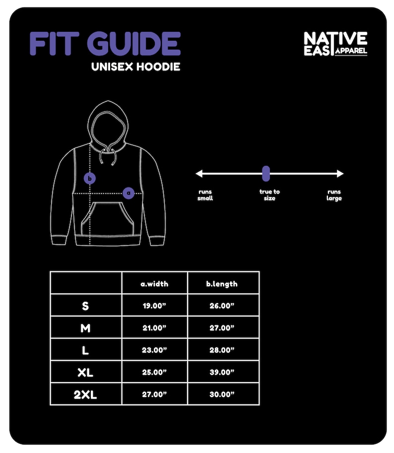 Puede incluir: Tabla de tallas para una sudadera unisex con medidas en pulgadas. La tabla muestra el ancho y la longitud de la sudadera en las tallas S, M, L, XL y 2XL.