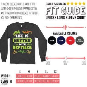 以下が含まれることがあります： 「Life is Better with Reptiles」の文字と爬虫類のグラフィックが入った黒色のユニセックス長袖シャツ。黒、ネイビー、赤、ダークヘザーの色があります。超滑らかなコットン製。幅は45.72 cmから66.04 cm、長さは71.12 cmから81.28 cmです。