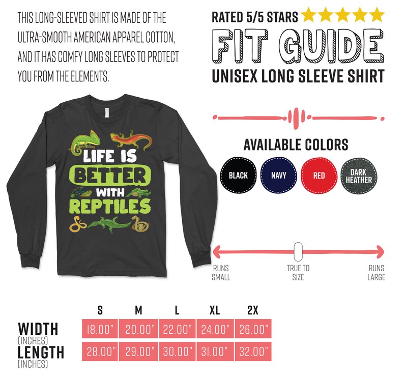 以下が含まれることがあります： 「Life is Better with Reptiles」の文字と爬虫類のグラフィックが入った黒色のユニセックス長袖シャツ。黒、ネイビー、赤、ダークヘザーの色があります。超滑らかなコットン製。幅は45.72 cmから66.04 cm、長さは71.12 cmから81.28 cmです。