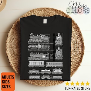 Può includere: Una t-shirt nera con una grafica a stampa tecnica bianca di una locomotiva a vapore, che include viste laterali, dall'alto e frontali, insieme a vari vagoni ferroviari come un tender per il carbone, una carrozza passeggeri e vagoni merci.