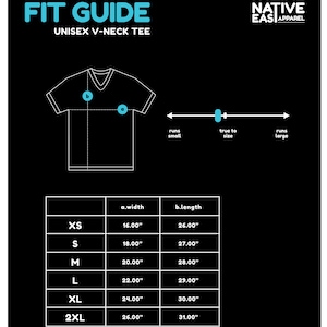 May include: A black graphic with a fit guide for a unisex V-neck tee. The guide includes a diagram of the shirt, size measurements in inches, and a scale indicating how the shirt fits. The Native Eas Apparel logo is in the top right corner.