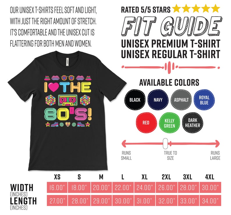 Puede incluir: Camiseta unisex negra con un estampado gr&aacute;fico de una cinta de casete y el texto "I &hearts; THE 80's!" en letras de colores. La tabla de tallas muestra el ancho y la longitud en pulgadas para las tallas XS a 4XL.