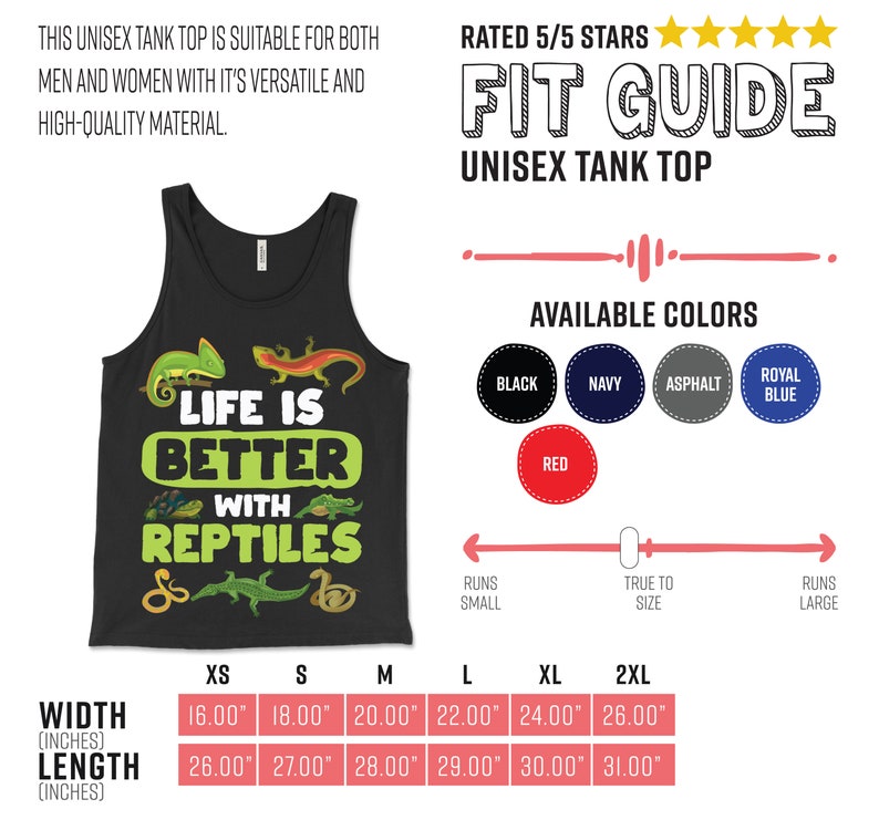 以下が含まれることがあります： 黒色のユニセックスタンクトップ。緑と白で「Life is Better with Reptiles」の文字がプリントされています。様々な爬虫類のイラストが特徴です。複数の色とサイズがあり、インチで測定されています。