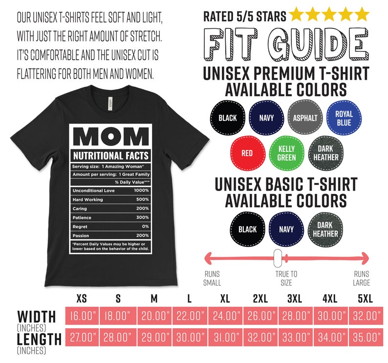 May include: Black unisex t-shirt with the word "MOM" and a "Nutritional Facts" label. The label lists values like "Unconditional Love" and "Hard Working." The image also shows color options and size measurements in inches.
