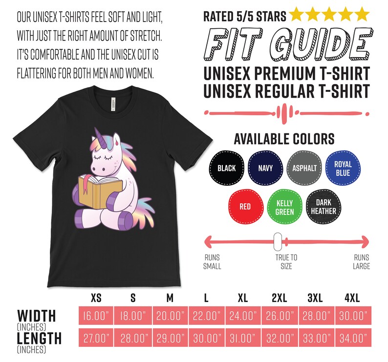 Pode incluir: Camiseta unissex preta com um unic&oacute;rnio de desenho animado lendo um livro. A camiseta inclui um guia de tamanhos e op&ccedil;&otilde;es de cores: preto, marinho, asfalto, azul royal, vermelho, verde Kelly e mescla escura. Tamanhos de XS a 4XL.