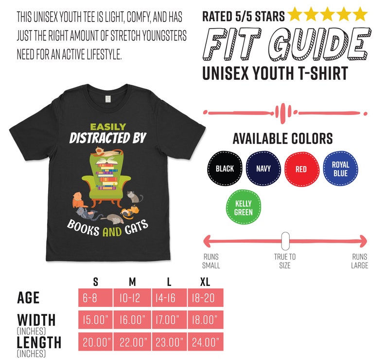 May include: Black youth t-shirt with a graphic of a cat sitting in a chair reading a book. The text on the shirt reads "Easily Distracted By Books and Cats". The shirt is available in sizes S, M, L, and XL. The size chart shows the age range, width, and length of each size in inches.