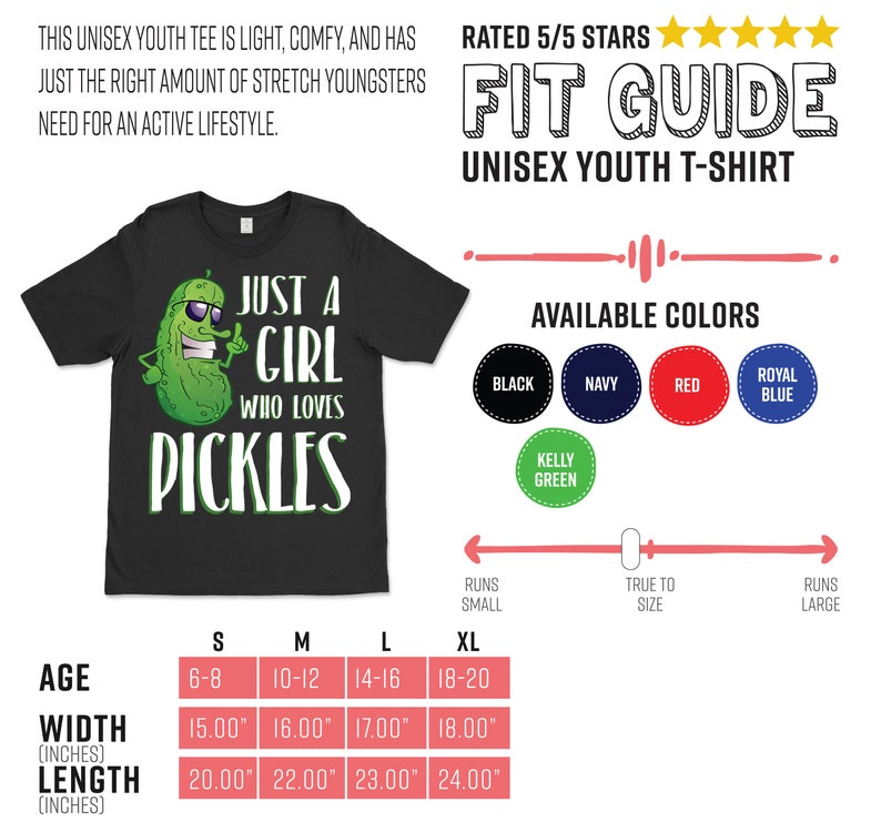 Może przedstawiać: Czarny T-shirt dla młodzieży z zielonym og&oacute;rkiem w kresk&oacute;wce w okularach przeciwsłonecznych i tekstem "Just a girl who loves pickles". Koszulka ma tabelę rozmiar&oacute;w z wiekiem, szerokością w calach i długością w calach.