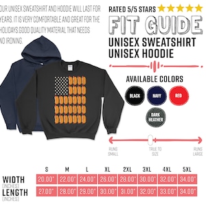 May include: A black unisex sweatshirt with a hot dog American flag design. The size chart shows the width and length in inches for sizes S through 5XL. The available colors are black, navy, red, and dark heather.