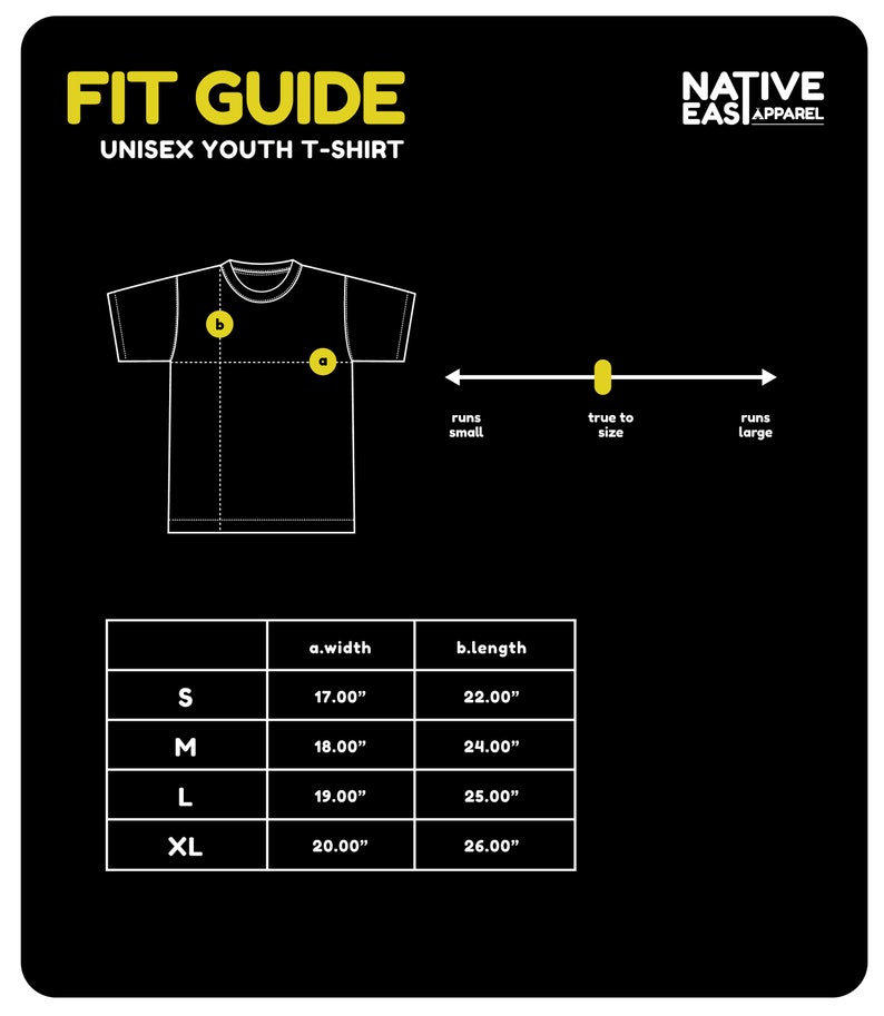 Puede incluir: Tabla de tallas para una camiseta unisex para j&oacute;venes. La tabla muestra las medidas de ancho y largo en pulgadas para las tallas S, M, L y XL.