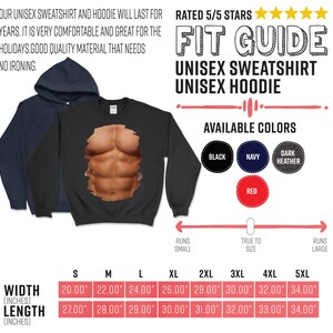 May include: A size chart for a unisex sweatshirt and hoodie. The chart shows the width and length in inches for sizes S through 5XL. The chart also shows the color options: black, navy, dark heather, and red.
