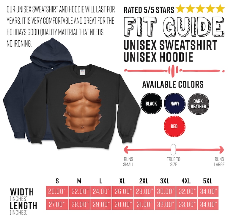May include: A size chart for a unisex sweatshirt and hoodie. The chart shows the width and length in inches for sizes S through 5XL. The chart also shows the color options: black, navy, dark heather, and red.