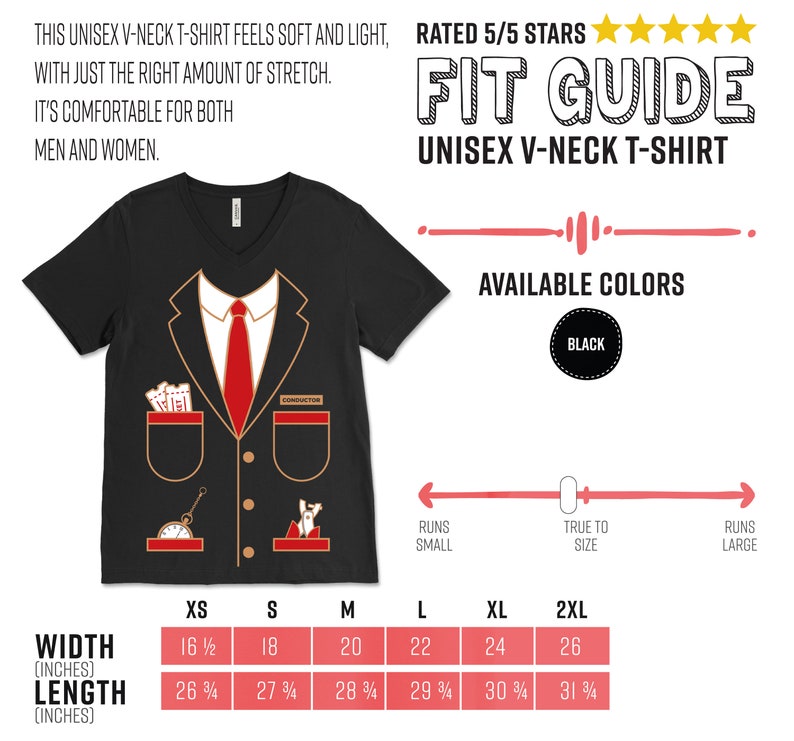 K&ouml;nnte beinhalten: Schwarzes Unisex-V-Ausschnitt-T-Shirt mit einem Dirigenten-Anzug-Design. Das Design umfasst ein wei&szlig;es Hemd, eine rote Krawatte und Details der Taschen. Das Shirt hat den Text "CONDUCTOR".
