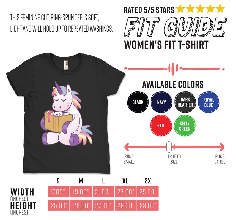 Pode incluir: T-shirt preto feminino com um unic&oacute;rnio lendo um livro. A camiseta inclui um guia de tamanhos e cores dispon&iacute;veis: preto, marinho, cinza escuro, azul royal, vermelho e verde Kelly. Tamanhos de S a 2XL.