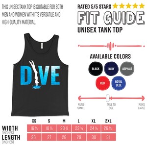 May include: Black tank top with the word "DIVE" in blue and white with a silhouette of a person diving into water. The size chart shows measurements in inches for width and length.