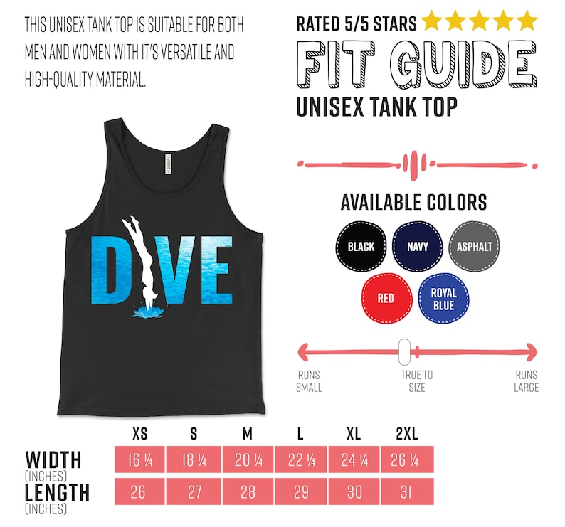 May include: Black tank top with the word "DIVE" in blue and white with a silhouette of a person diving into water. The size chart shows measurements in inches for width and length.