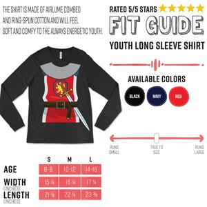 May include: Size chart for a youth long sleeve shirt with a knight graphic. The shirt is available in black, navy, and red. The chart shows the age range, width in inches, and length in inches for sizes S, M, and L.