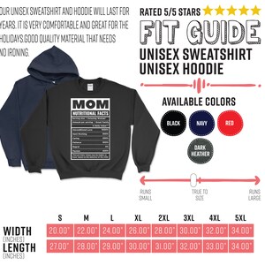 May include: A black unisex sweatshirt with the text "MOM NUTRITIONAL FACTS" and a navy blue hoodie. The sweatshirt has a size chart with measurements in inches. Available colors are black, navy, red, and dark heather.