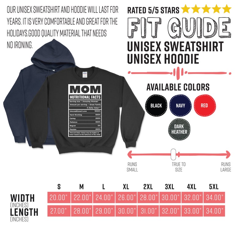 May include: A black unisex sweatshirt with the text "MOM NUTRITIONAL FACTS" and a navy blue hoodie. The sweatshirt has a size chart with measurements in inches. Available colors are black, navy, red, and dark heather.